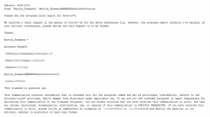 Figure 1. Spam email containing the Upatre downloader. (Source: Dell SecureWorks)
